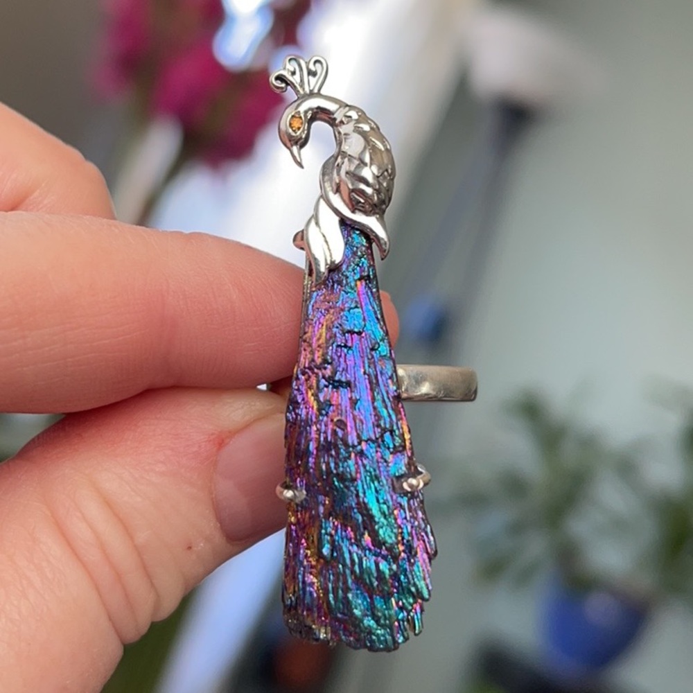 Peacock Rainbow Aura Kyanite Silver rings - Picture 4 of 11